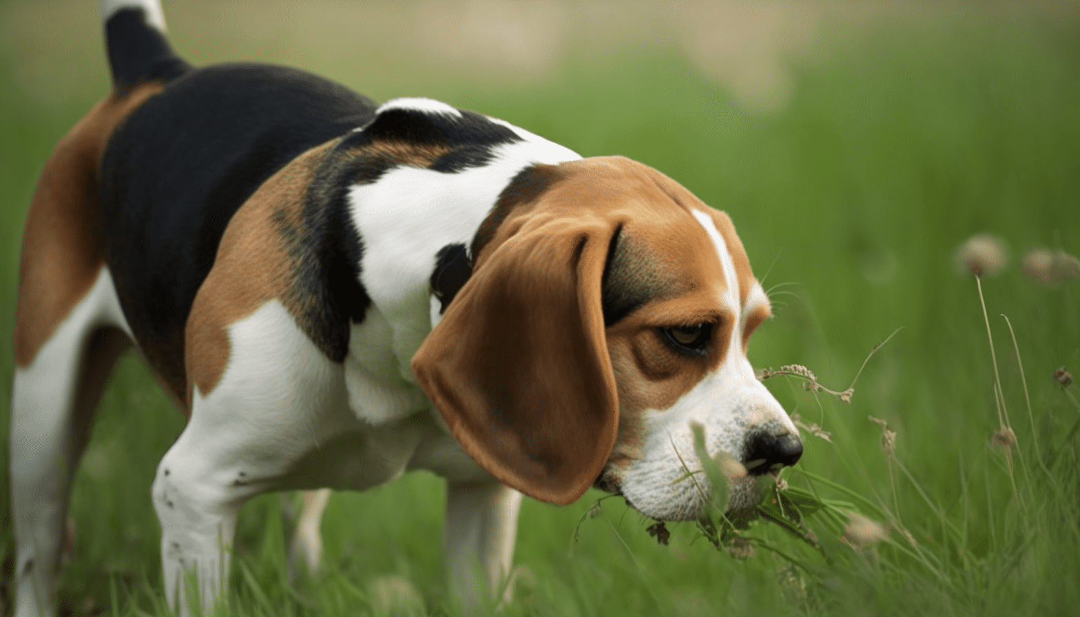beagle går rundt på græs og søger efter noget